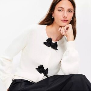 LOFT Bow Front Cardigan Sweater Cream Cotton Black Bows Women’s Large 753997